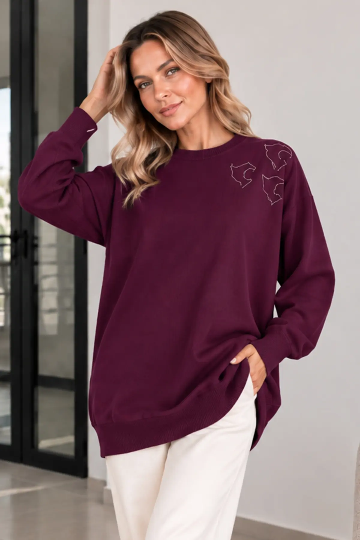 Embroidered Mercerized Tunic N3315 Plum-detail