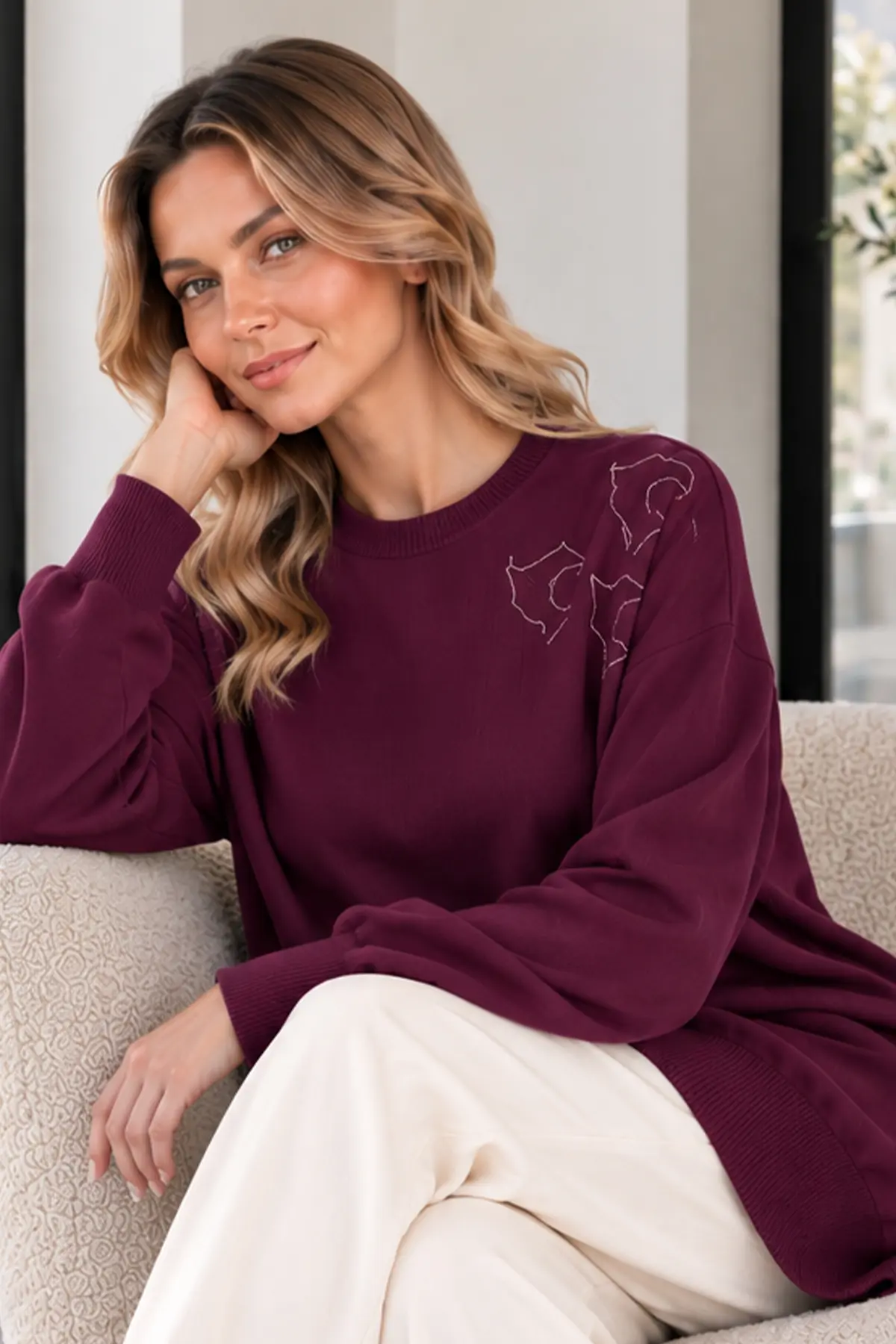 Embroidered Mercerized Tunic N3315 Plum-detail