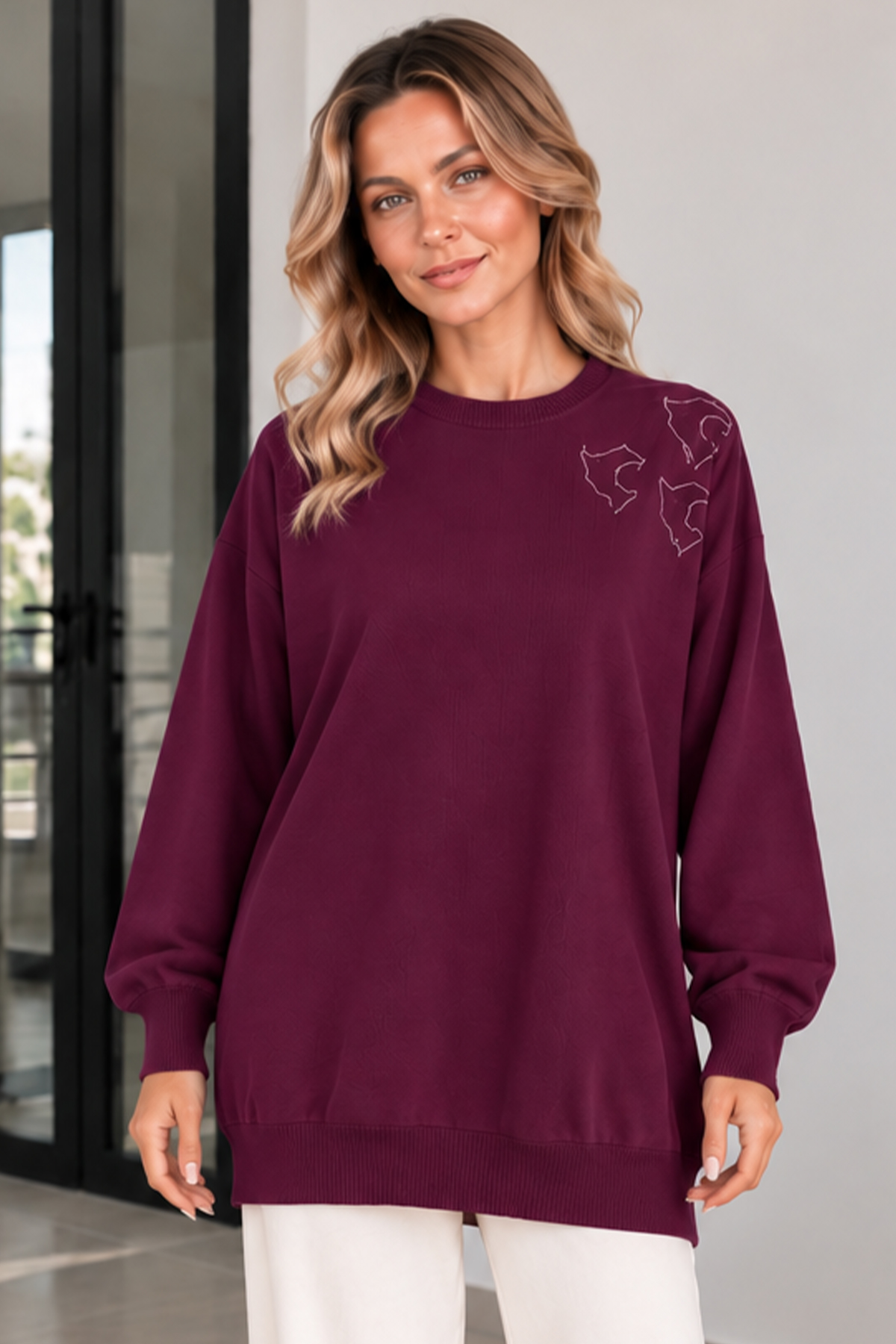 Embroidered Mercerized Tunic N3315 Plum
