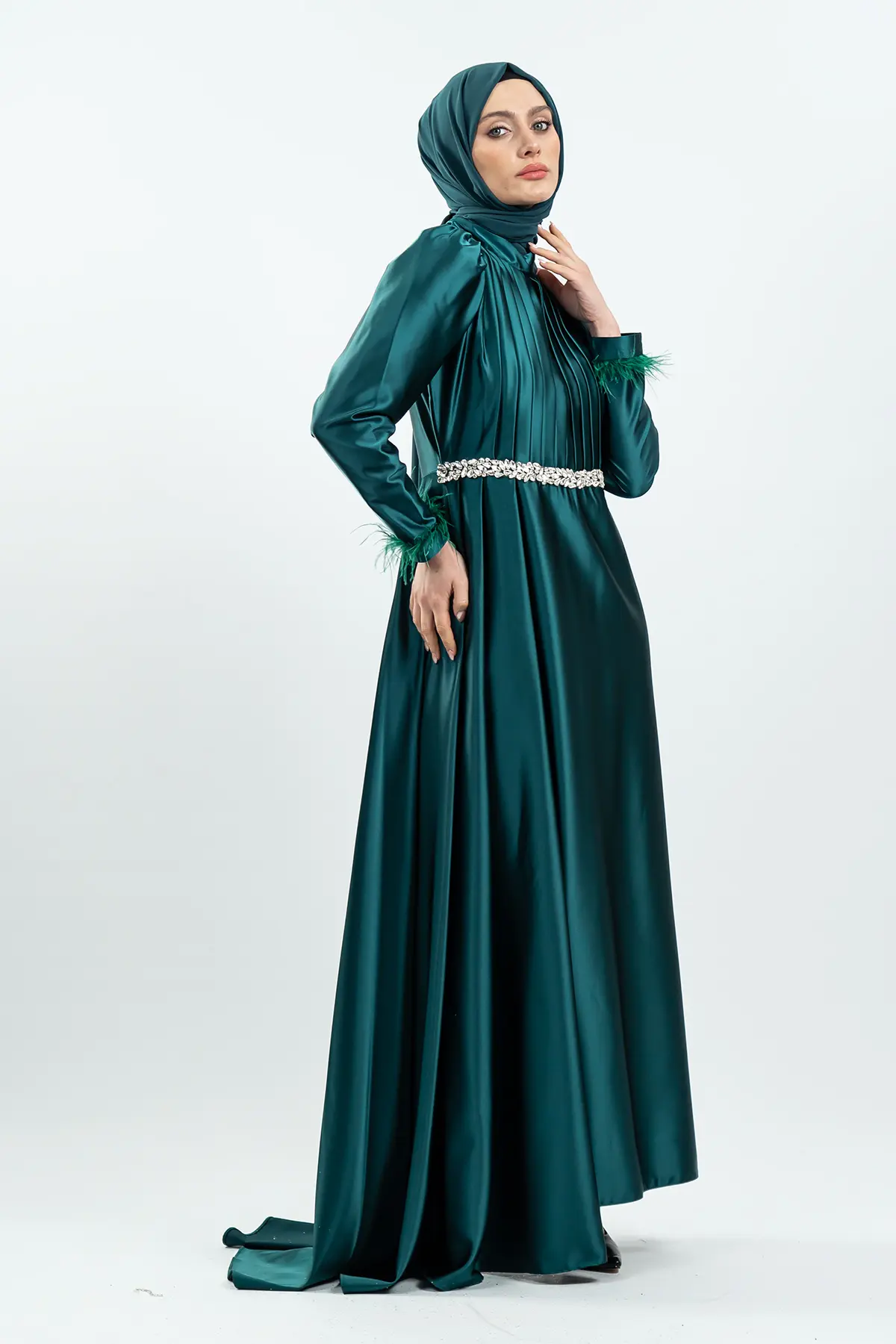 Emerald Green Satin Evening Dress-detail