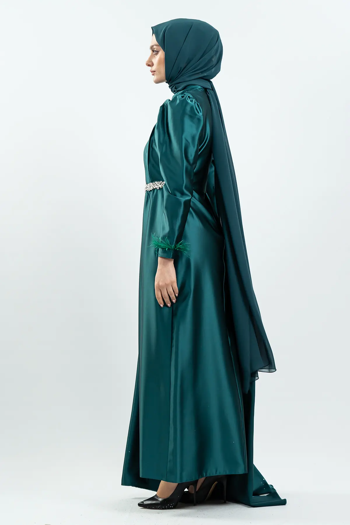 Emerald Green Satin Evening Dress-detail