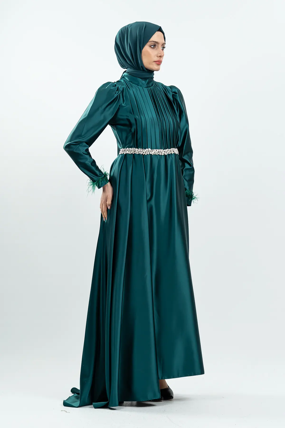 Emerald Green Satin Evening Dress-detail