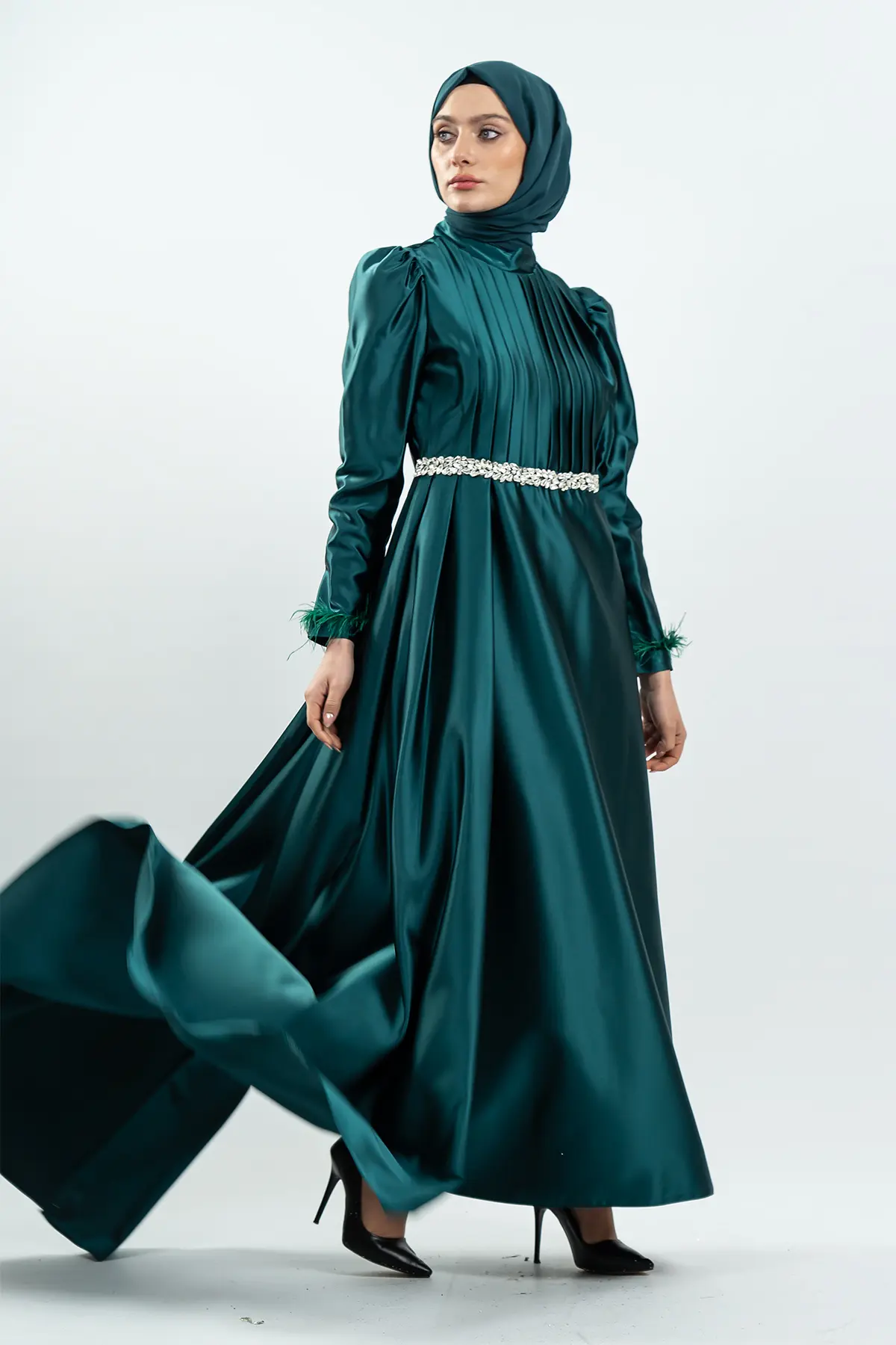 Emerald Green Satin Evening Dress-detail
