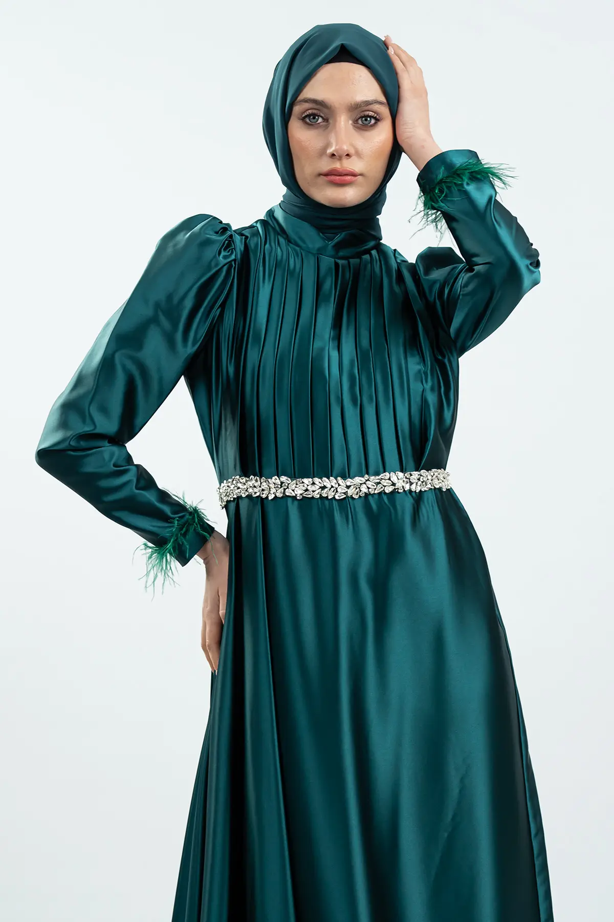 Emerald Green Satin Evening Dress-detail