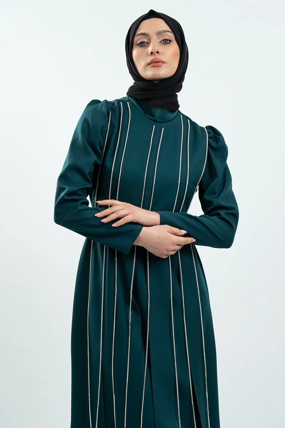 Emerald Green Stone Detailed Evening Dress-detail