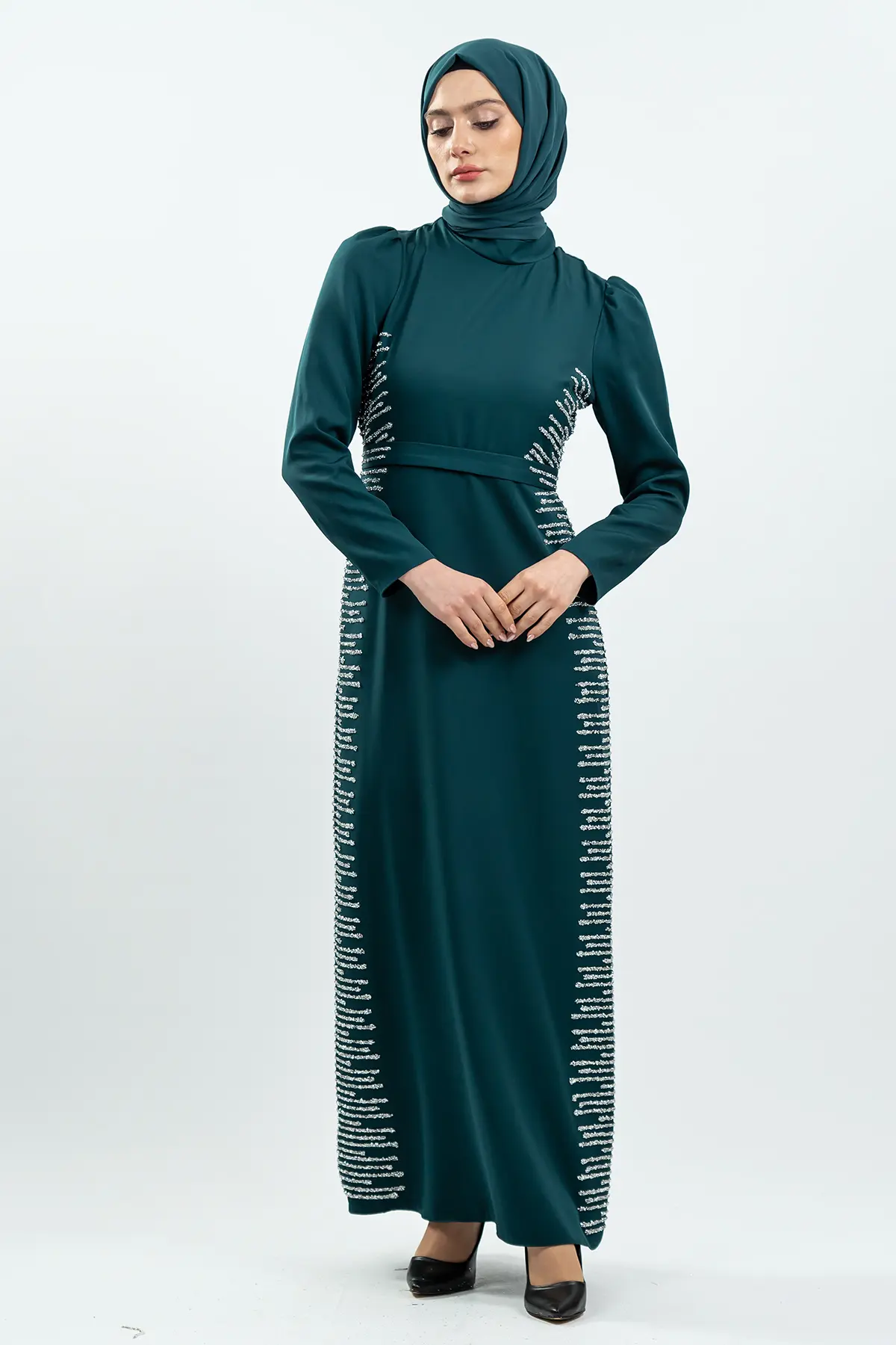 Emerald Green Stone Detailed Evening Dress-detail