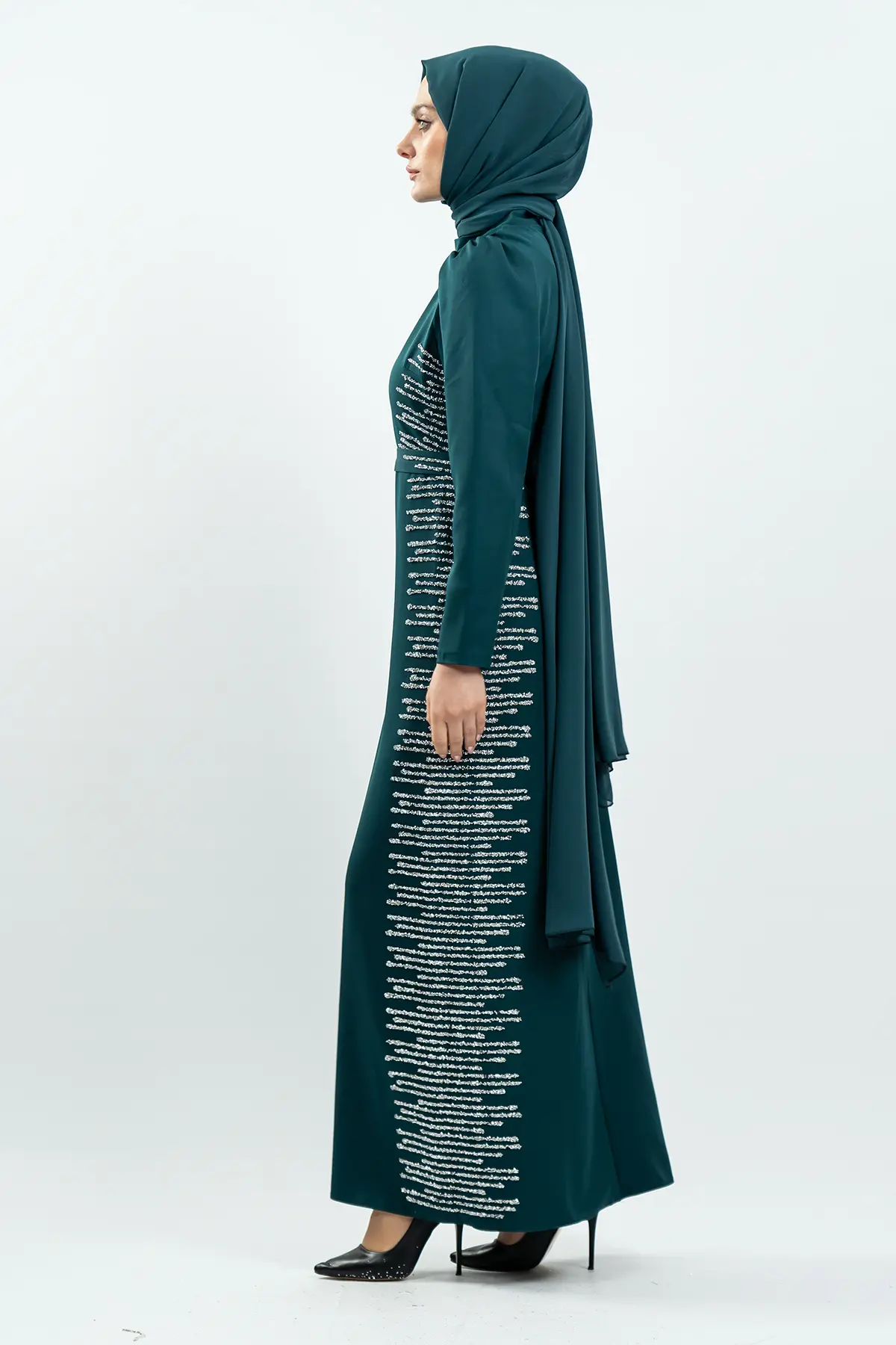 Emerald Green Stone Detailed Evening Dress-detail