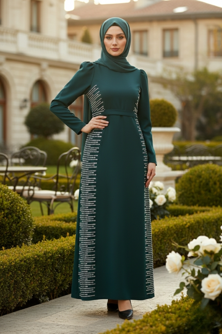 Emerald Green Stone Detailed Evening Dress