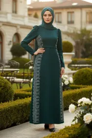 Emerald Green Stone Detailed Evening Dress