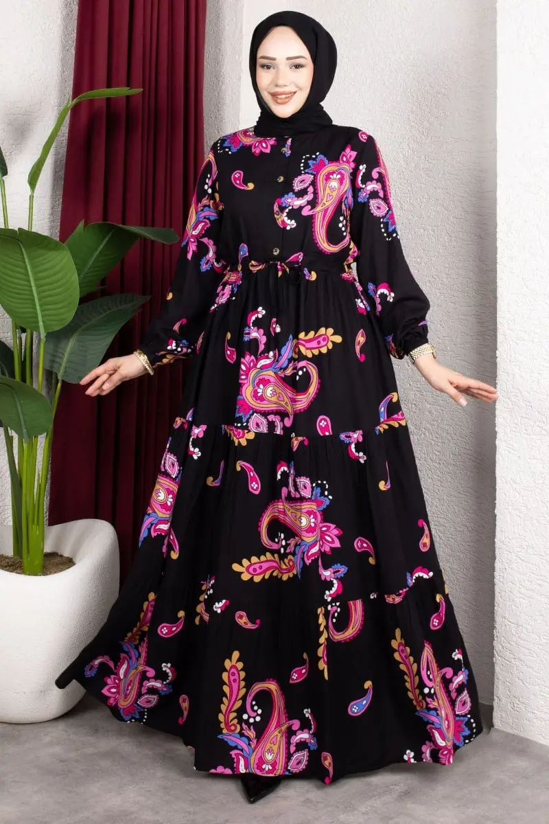 Ethnic Patterned Dress With Gathered Waist.-detail