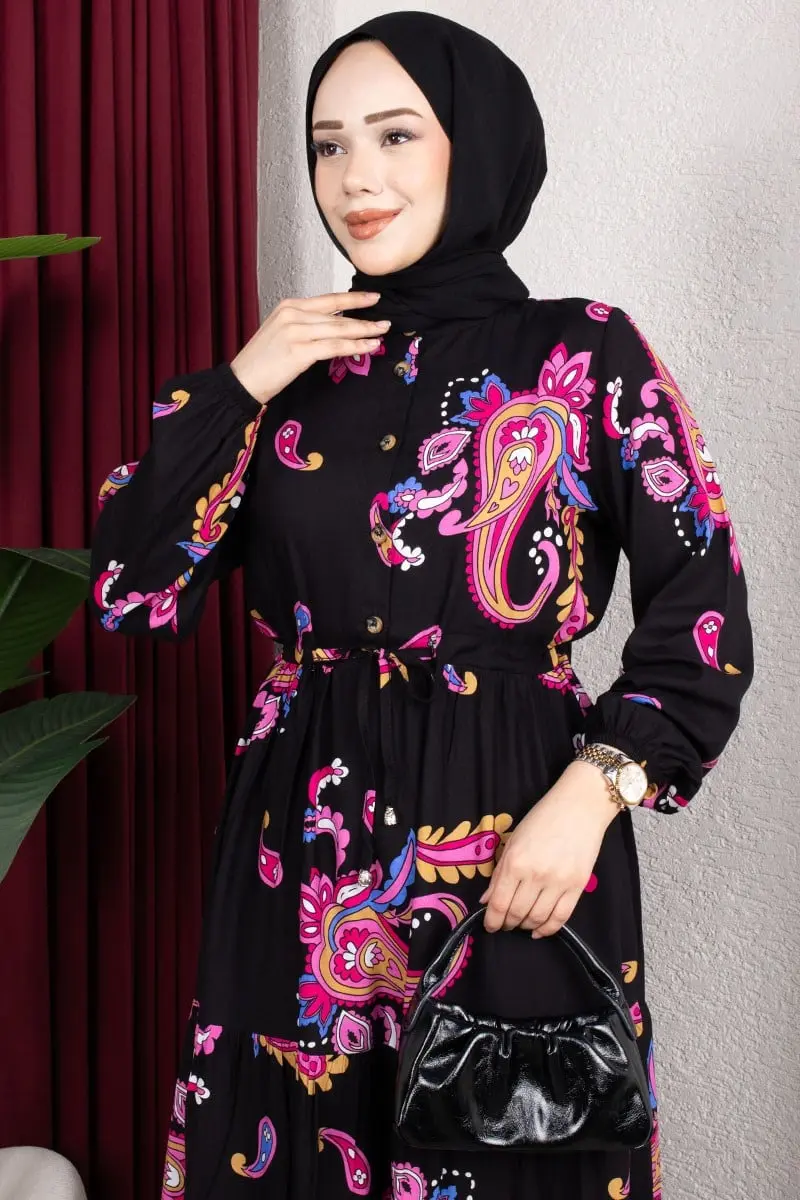 Ethnic Patterned Dress With Gathered Waist.-detail