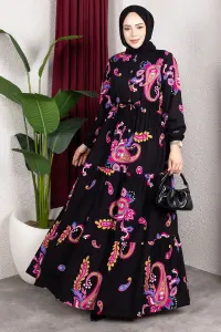 Ethnic Patterned Dress With Gathered Waist.