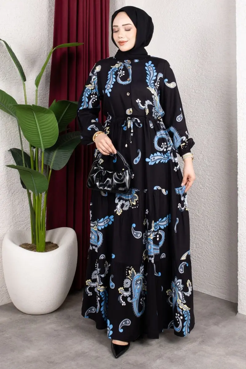 Ethnic Patterned Dress With Gathered Waist.-detail