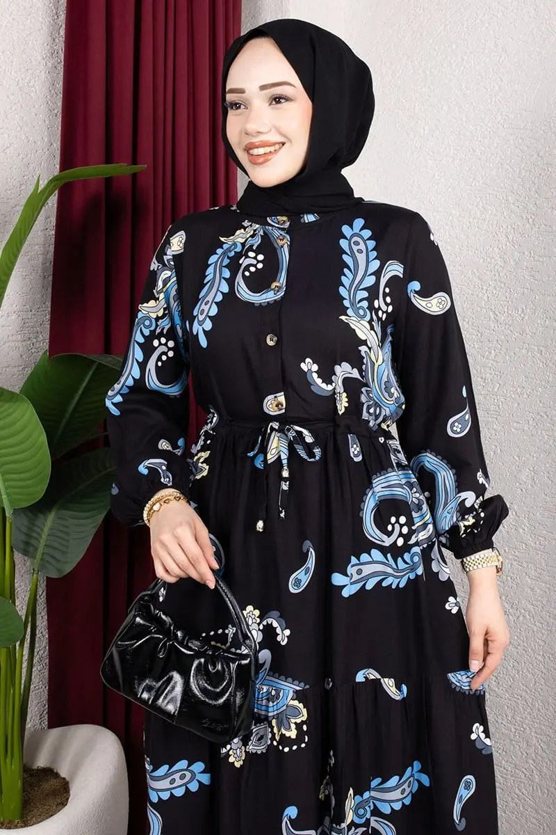 Ethnic Patterned Dress With Gathered Waist.-detail
