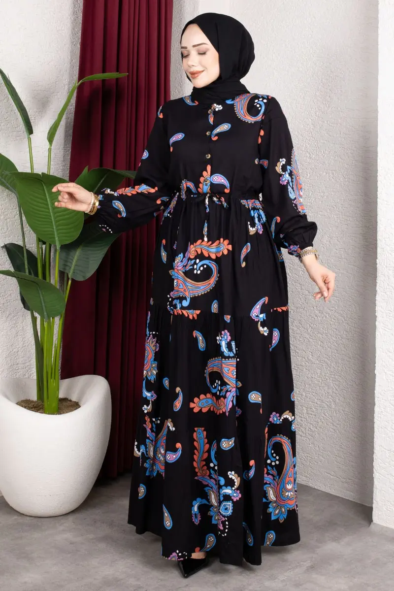 Ethnic Patterned Dress With Gathered Waist.-detail