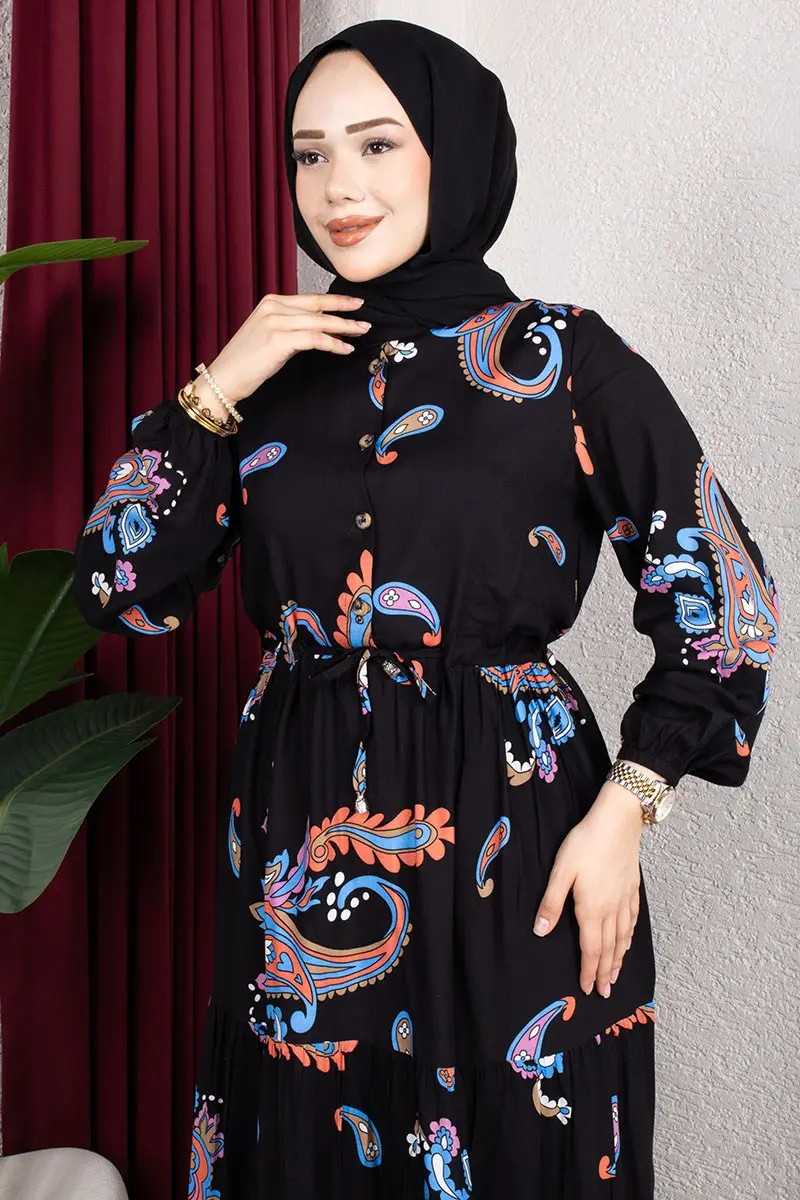 Ethnic Patterned Dress With Gathered Waist.-detail