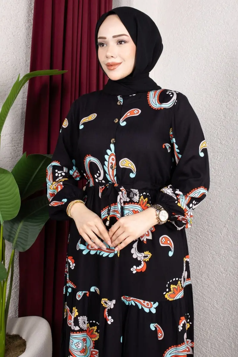 Ethnic Patterned Dress With Gathered Waist.-detail