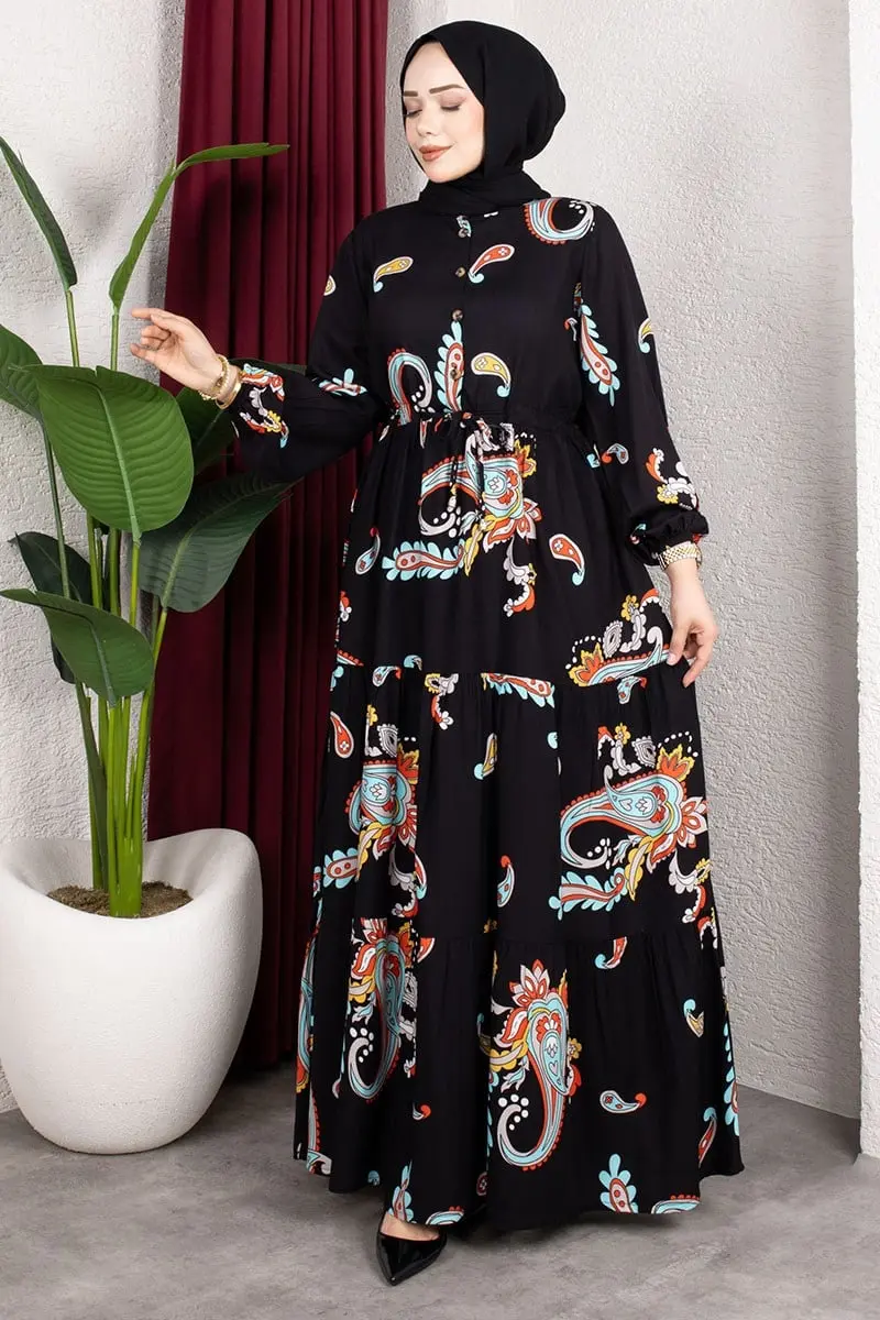Ethnic Patterned Dress With Gathered Waist.-detail