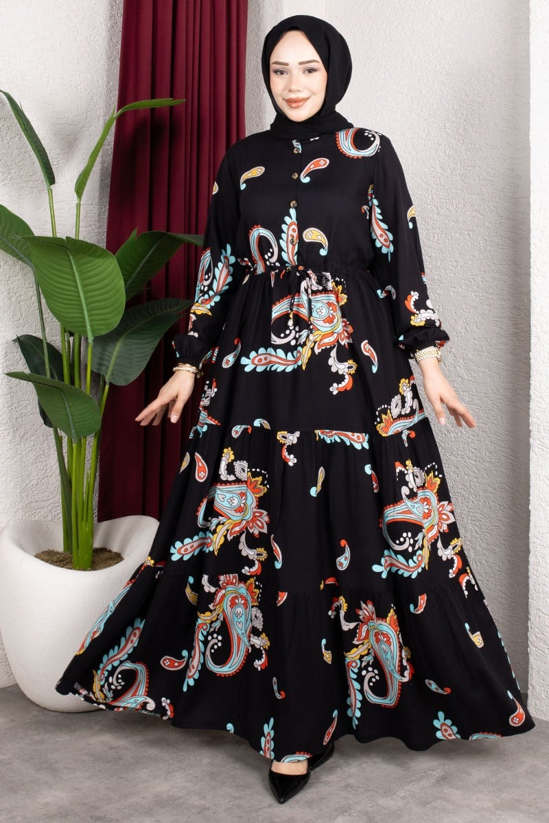 Ethnic Patterned Dress With Gathered Waist.