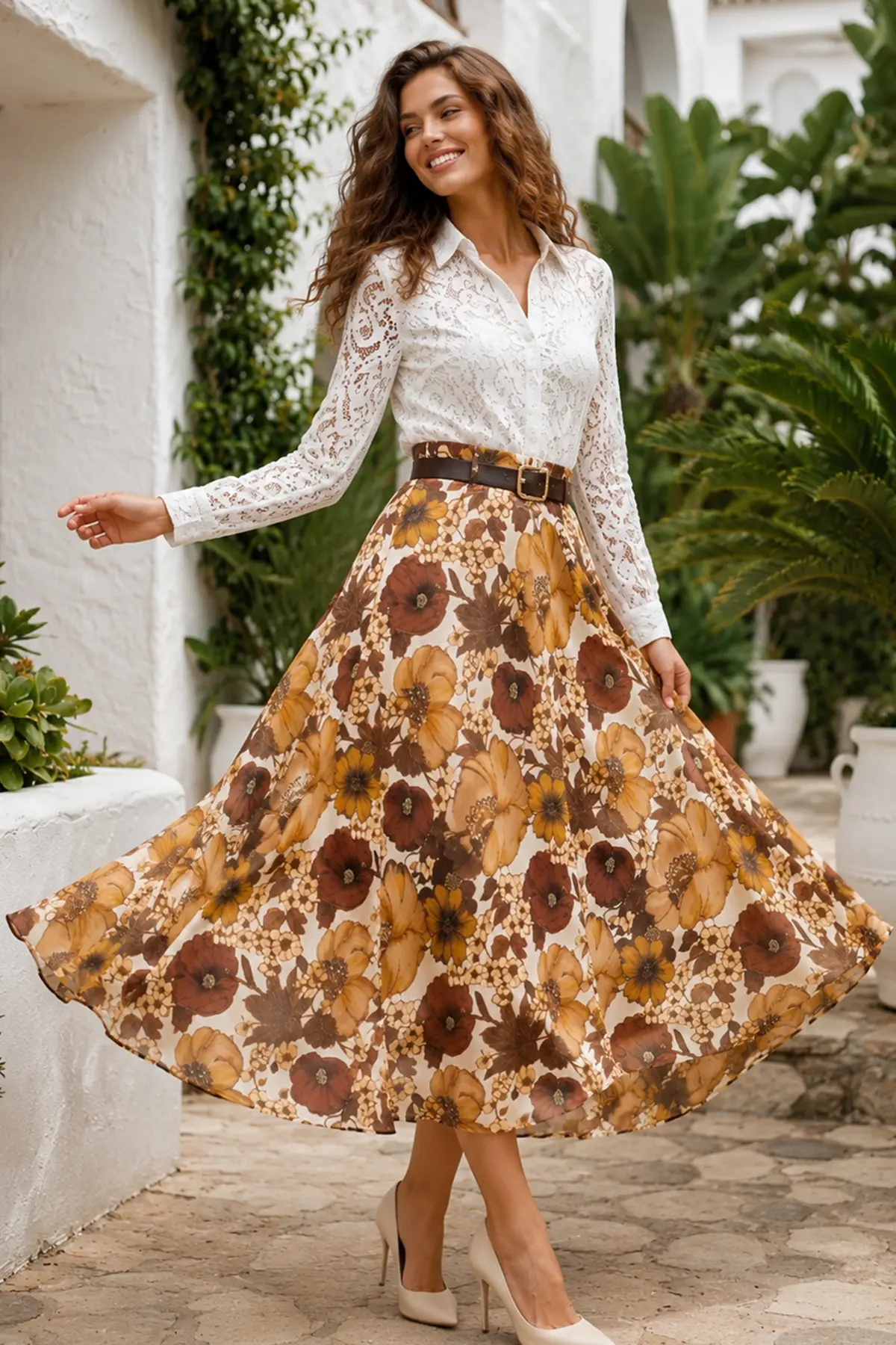 Floral Patterned Belted Skirt-detail