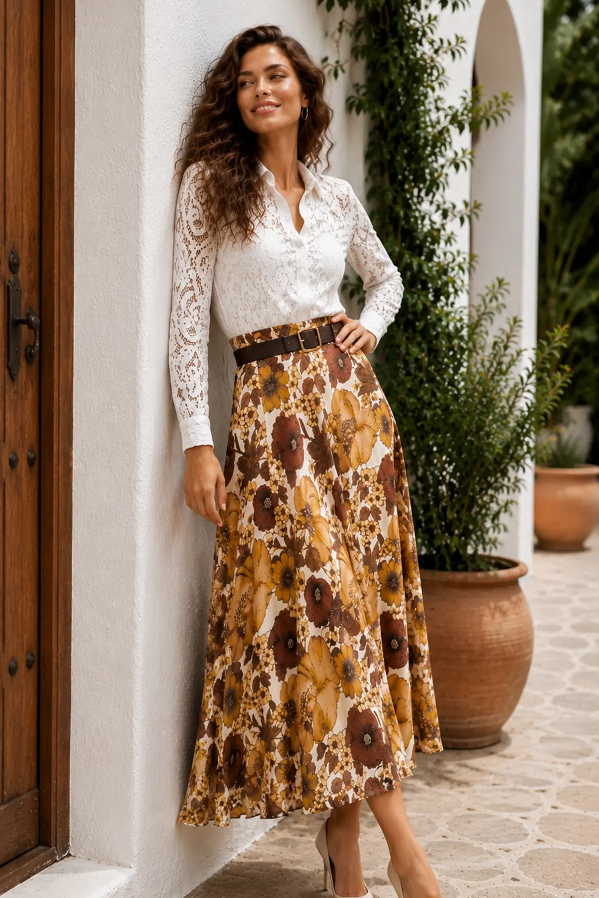 Floral Patterned Belted Skirt-detail