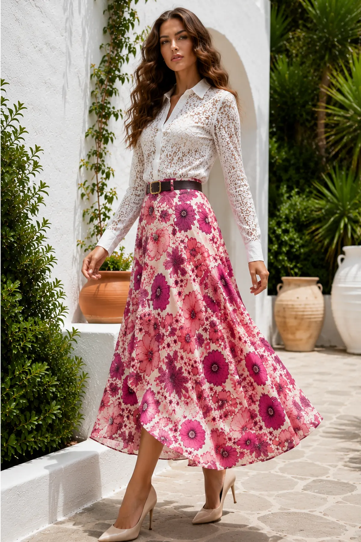Floral Patterned Belted Skirt-detail