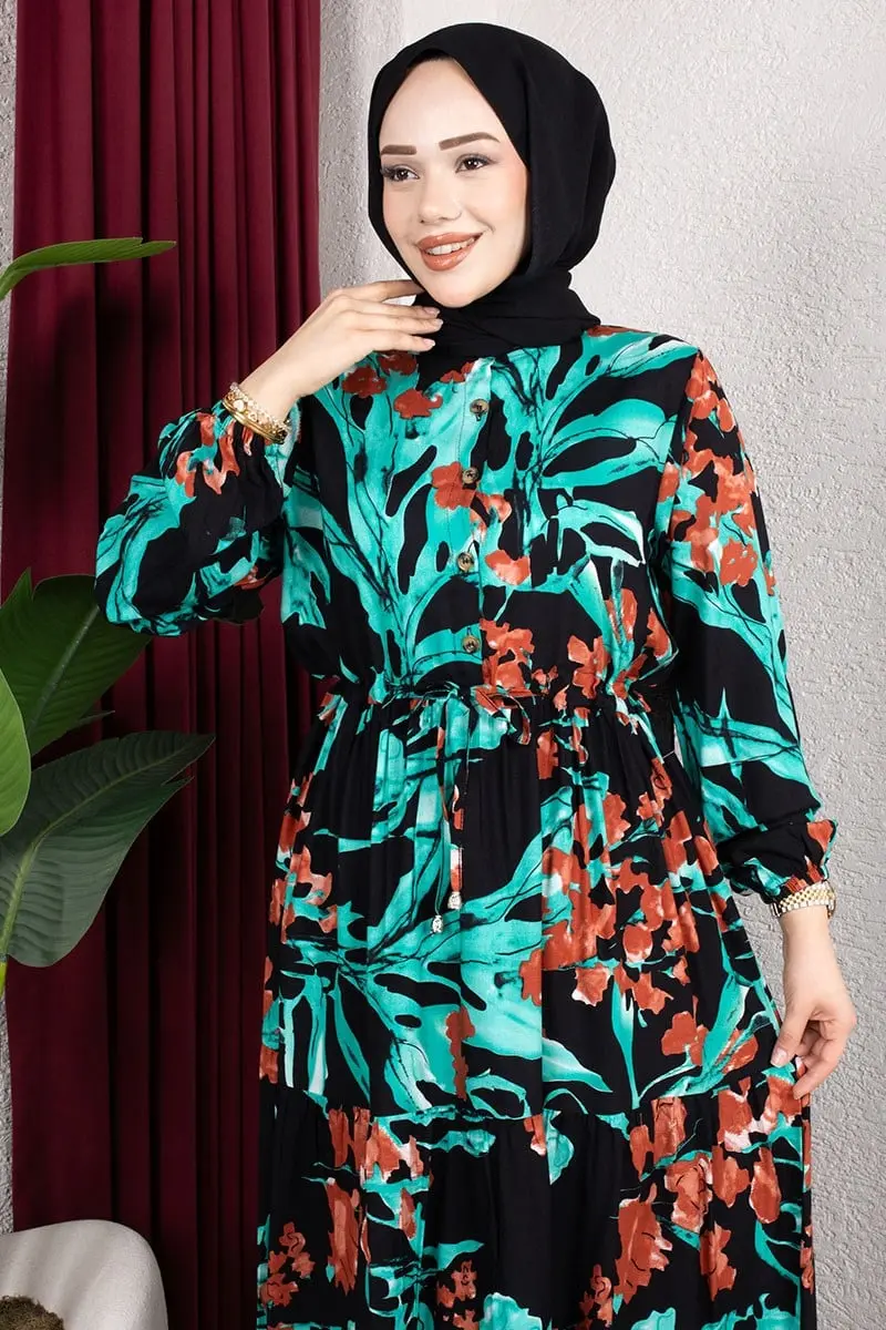 Floral Print Dress With Gathered Waist-detail