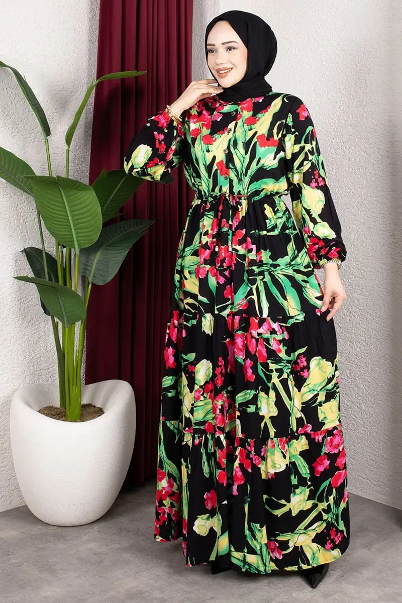 Floral Print Dress With Gathered Waist-detail