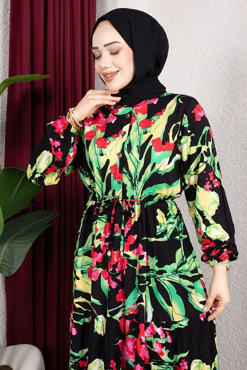 Floral Print Dress With Gathered Waist-detail