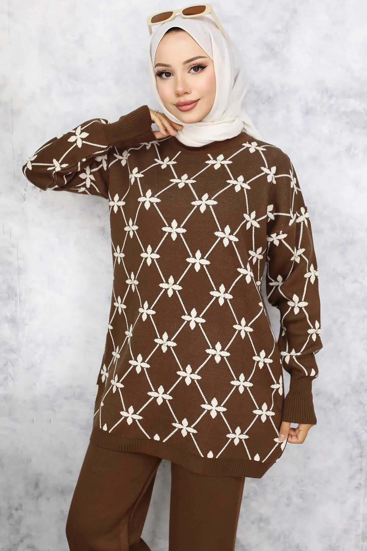 Flower Patterned Stone Knitwear Suit-detail