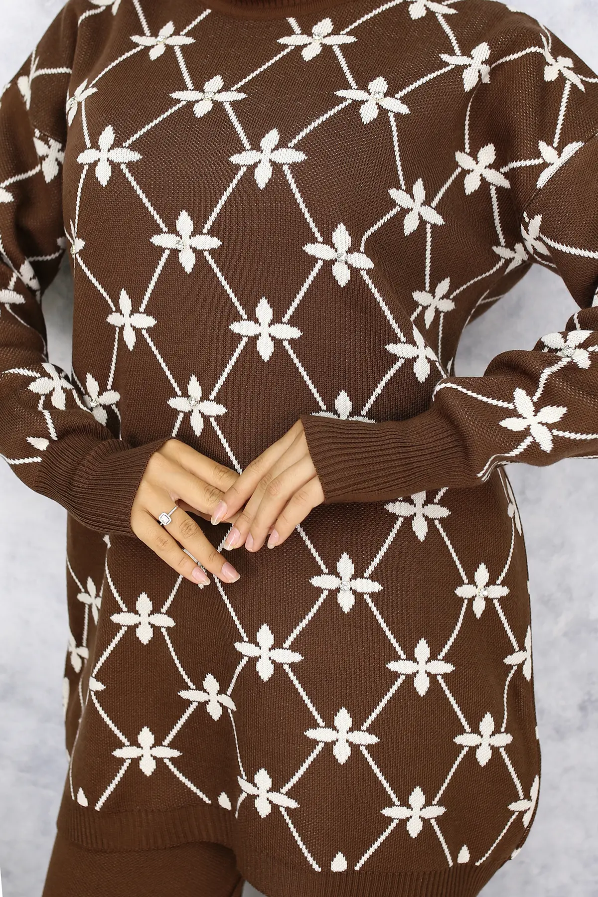 Flower Patterned Stone Knitwear Suit-detail