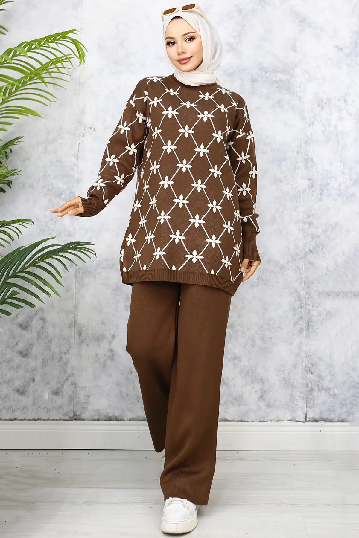 Flower Patterned Stone Knitwear Suit-detail