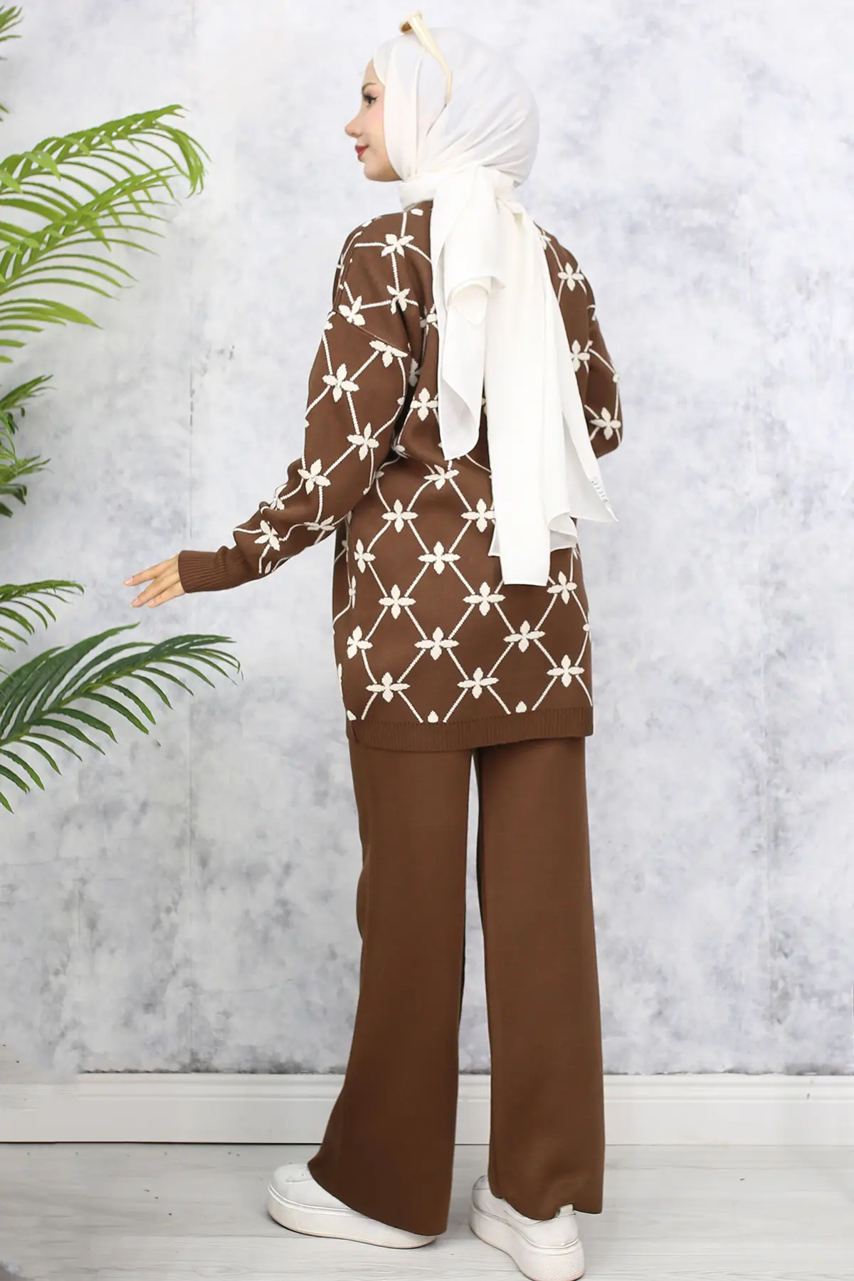Flower Patterned Stone Knitwear Suit-detail