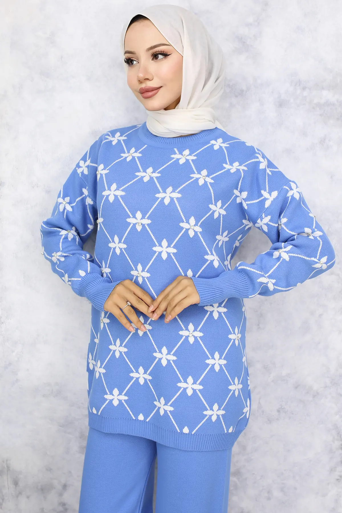 Flower Patterned Stone Knitwear Suit-detail