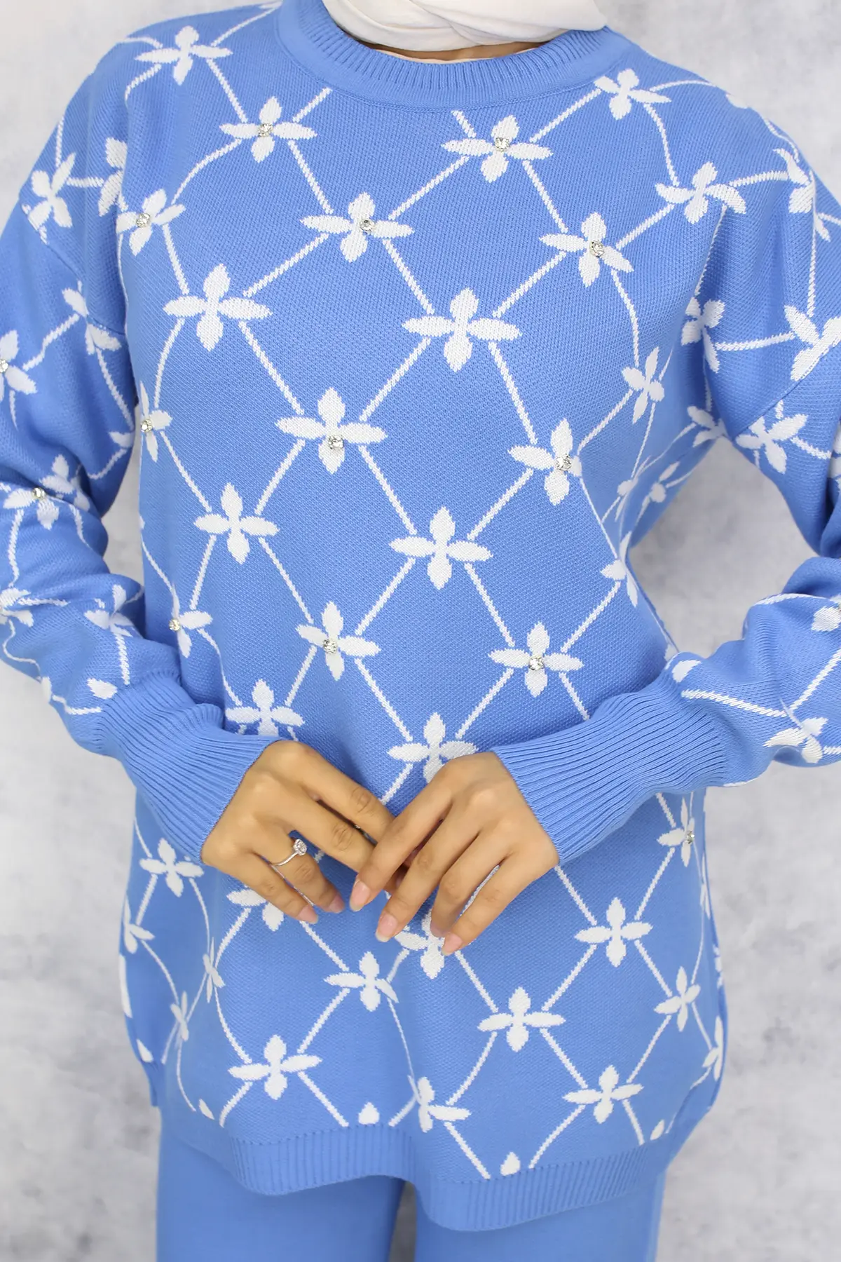 Flower Patterned Stone Knitwear Suit-detail