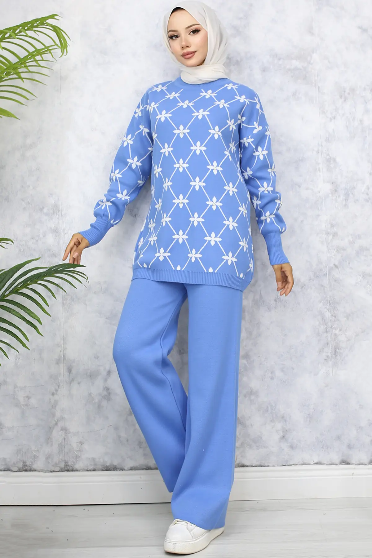 Flower Patterned Stone Knitwear Suit-detail