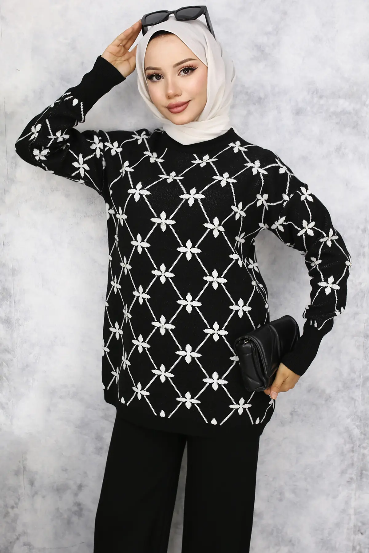 Flower Patterned Stone Knitwear Suit-detail