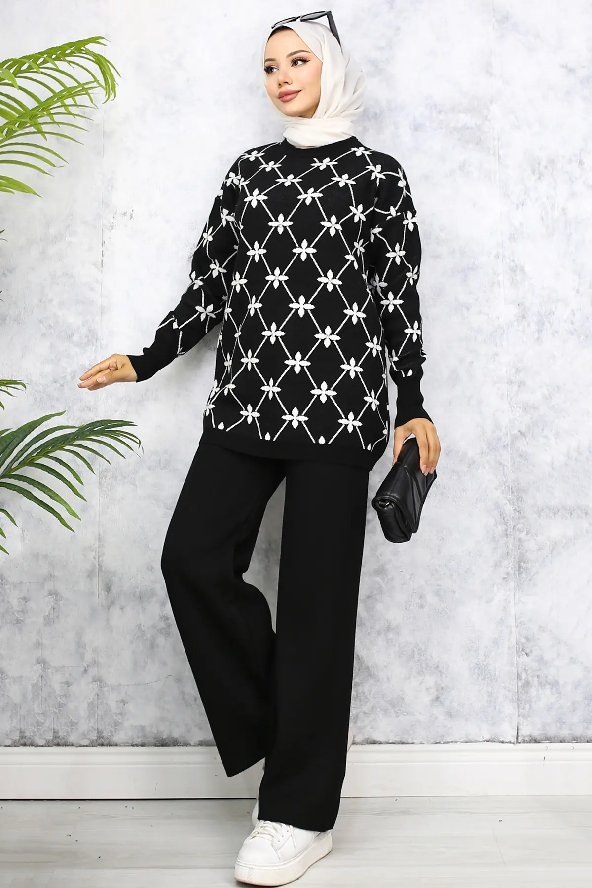 Flower Patterned Stone Knitwear Suit