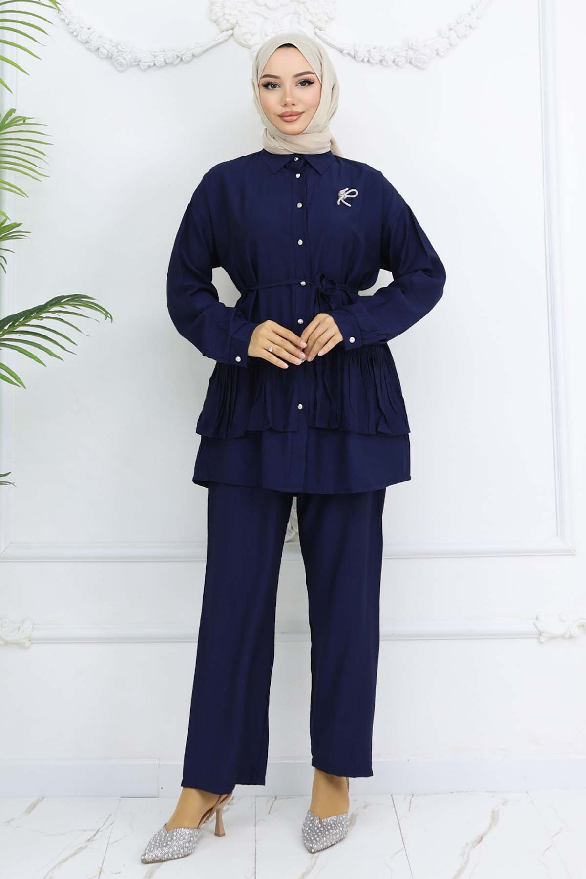 Frilled Brooch Detailed Two Piece Suit