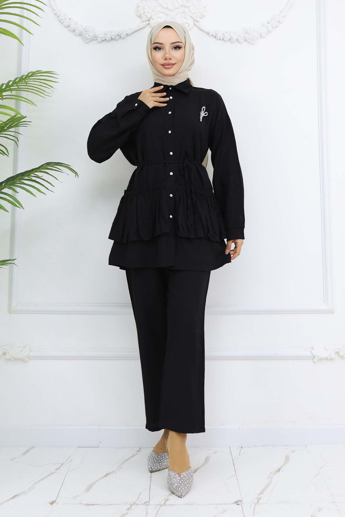 Frilled Brooch Detailed Two Piece Suit