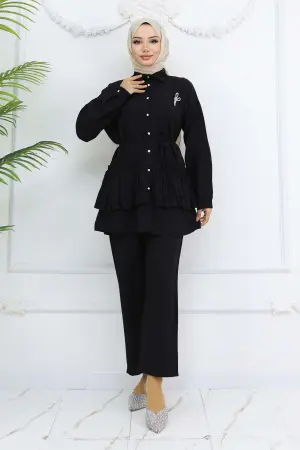Frilled Brooch Detailed Two Piece Suit