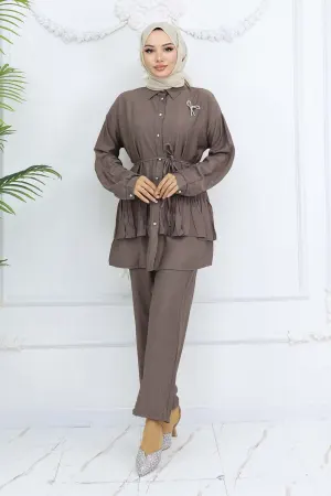Frilled Brooch Detailed Two Piece Suit