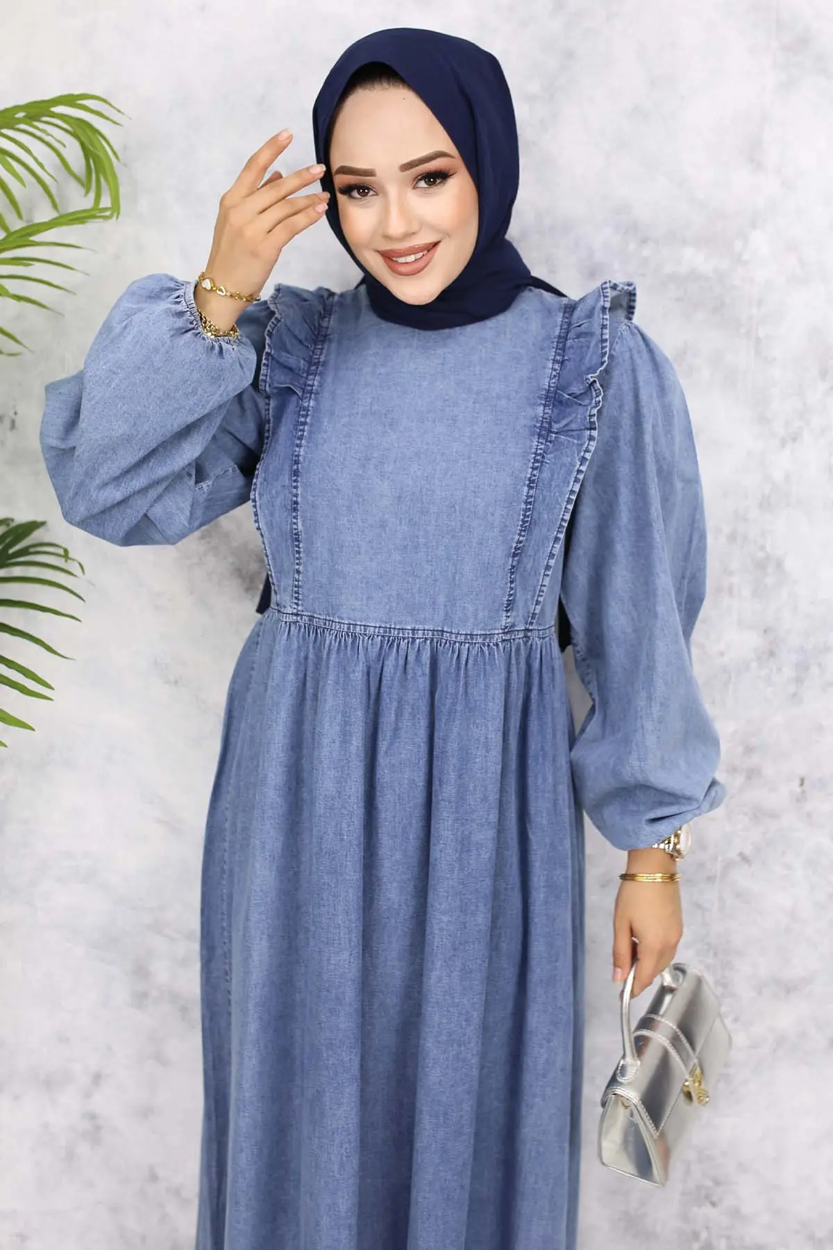 Front Ruffle Detailed Denim Dress-detail