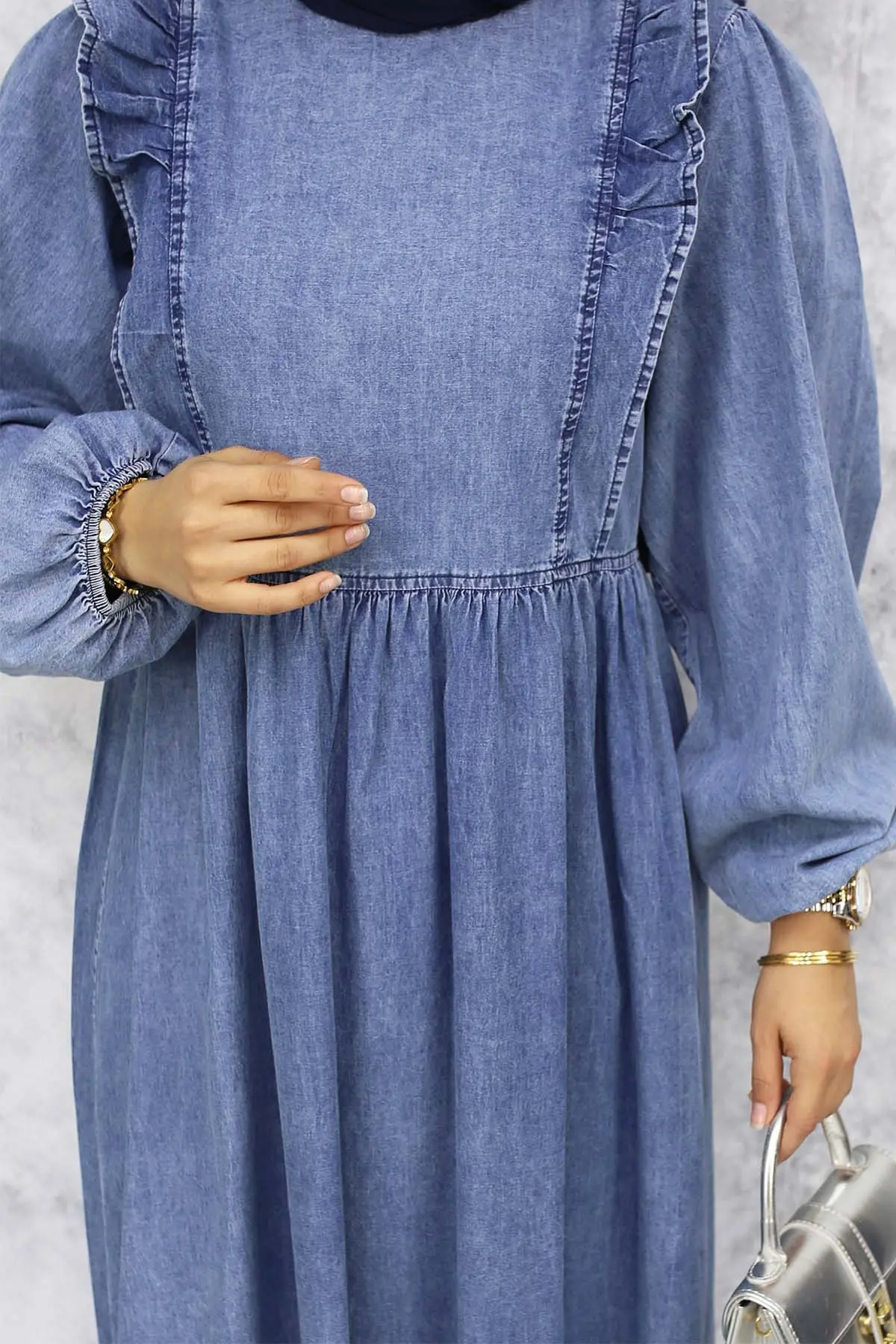 Front Ruffle Detailed Denim Dress-detail