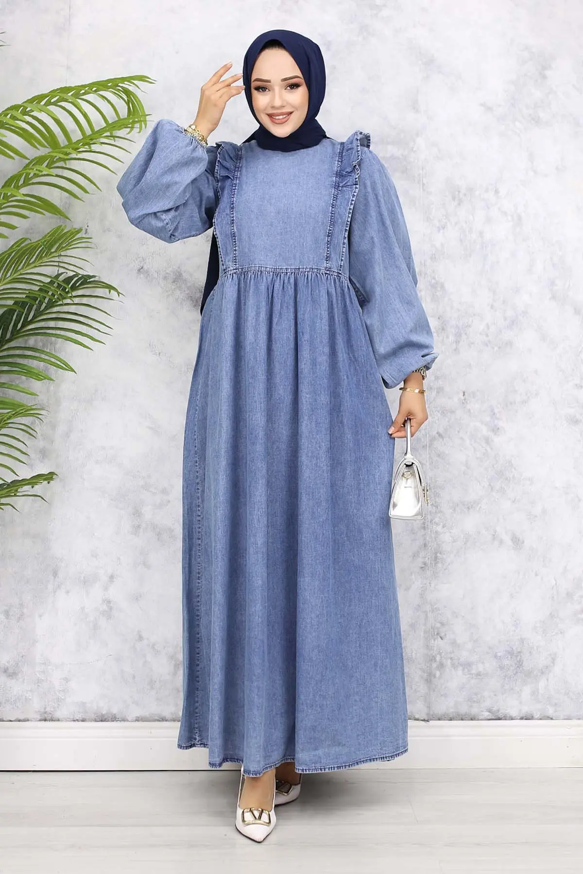 Front Ruffle Detailed Denim Dress-detail