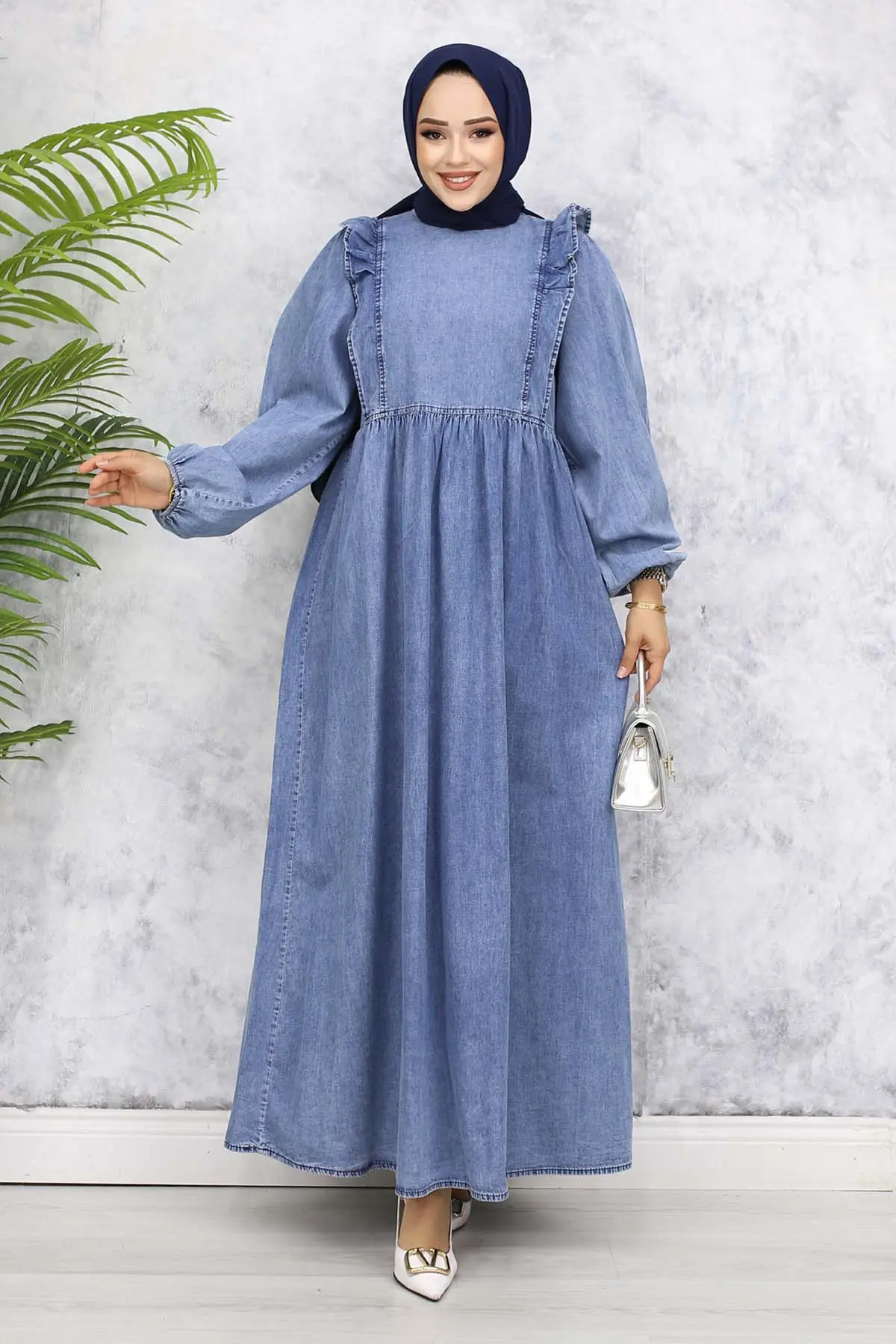 Front Ruffle Detailed Denim Dress-detail