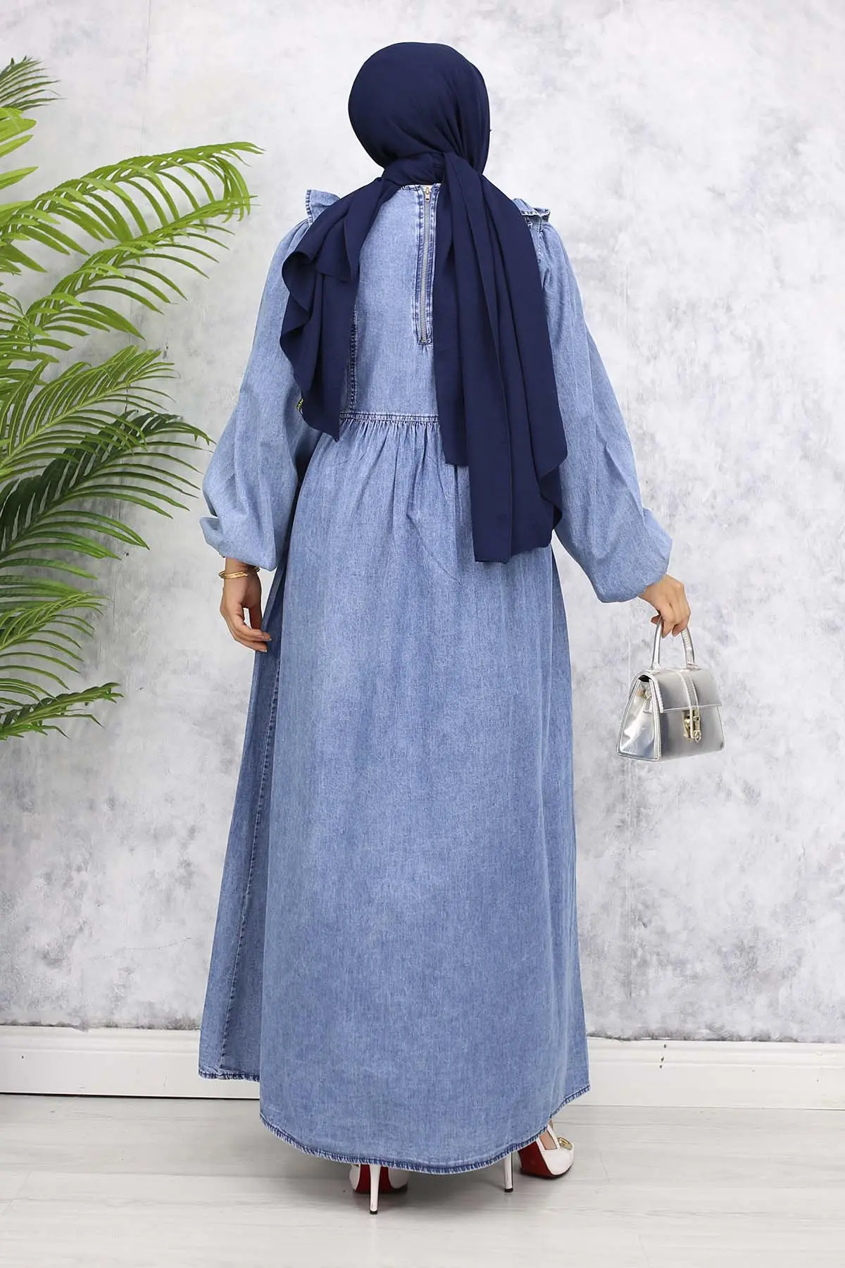 Front Ruffle Detailed Denim Dress-detail