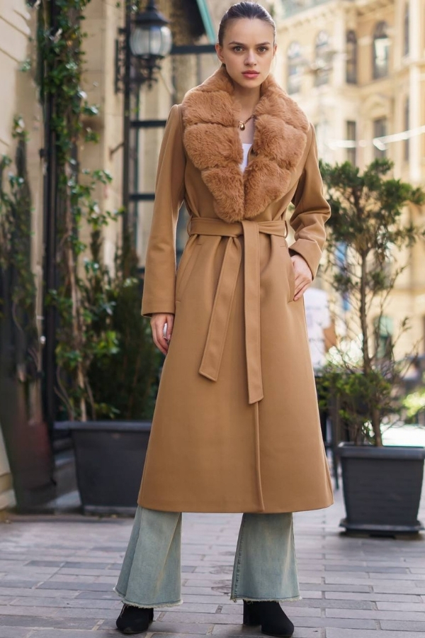 Fur-collared Belted Cashmere Long Coat