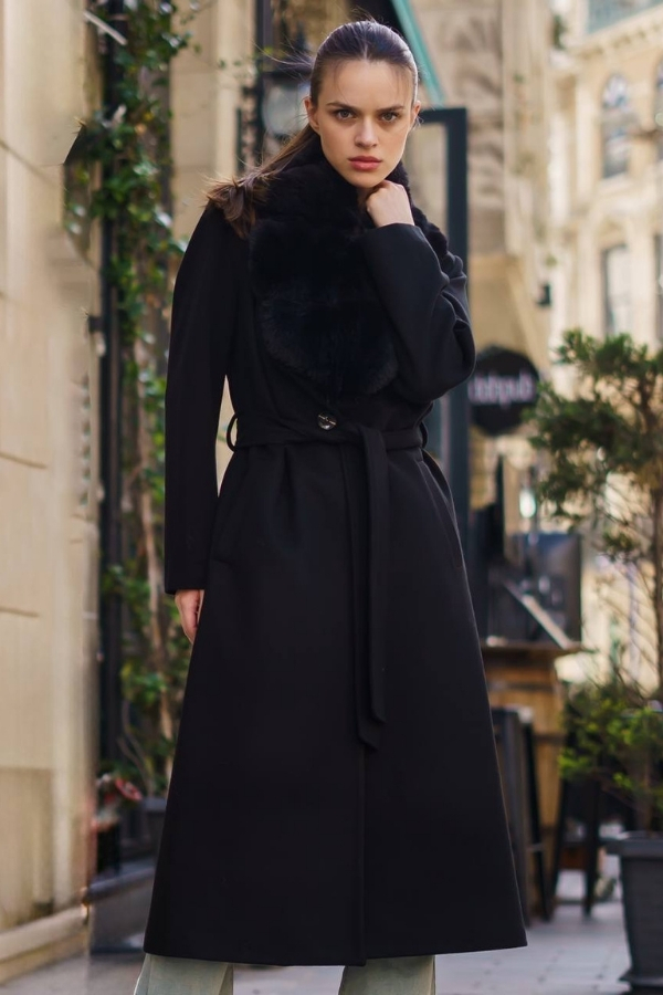 Fur-collared Belted Cashmere Long Coat
