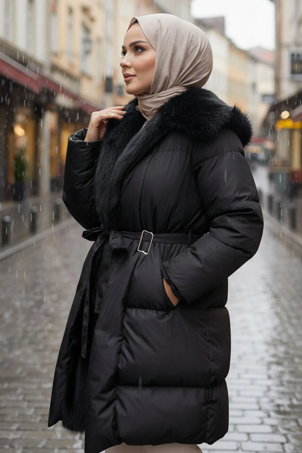 Fur Detailed Belted Coat-detail